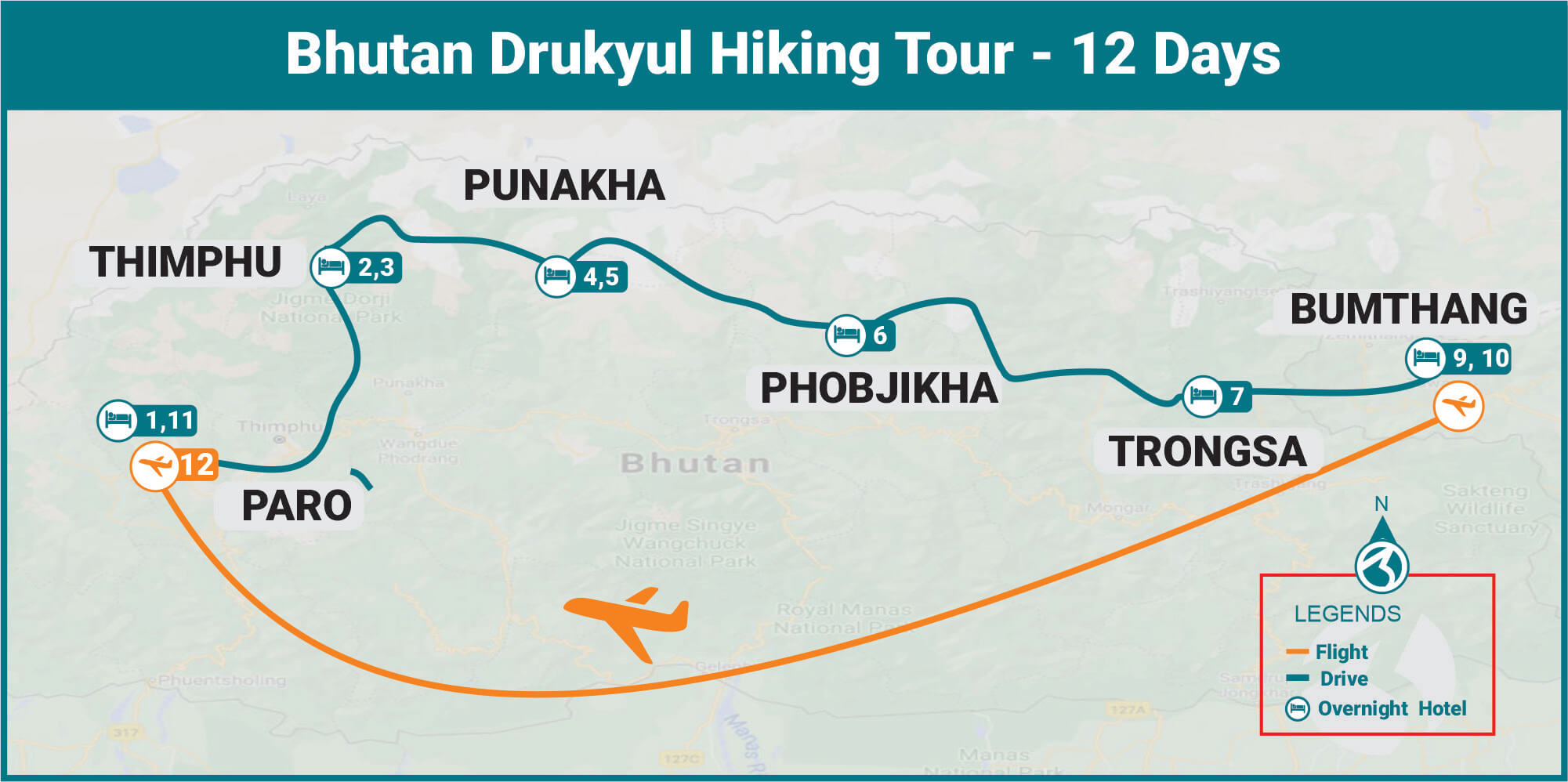 Bhutan Drukyul Hiking Tour 12 Days Route map